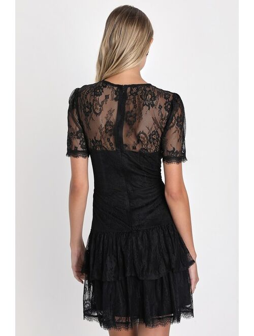 Lulus Sultry Essence Black Lace Short Sleeve Tiered Bustier Homecoming Mini Dress
