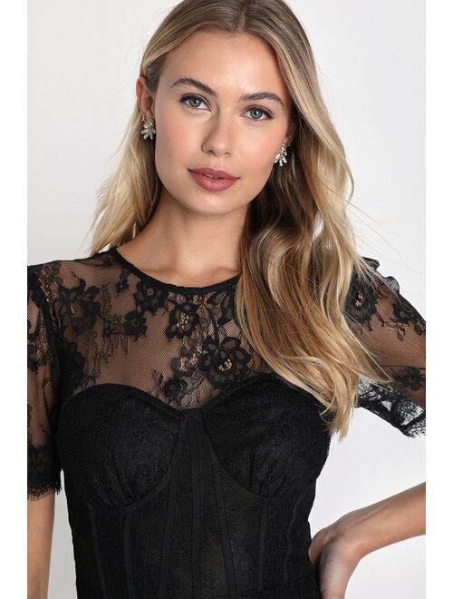 Lulus Sultry Essence Black Lace Short Sleeve Tiered Bustier Homecoming Mini Dress