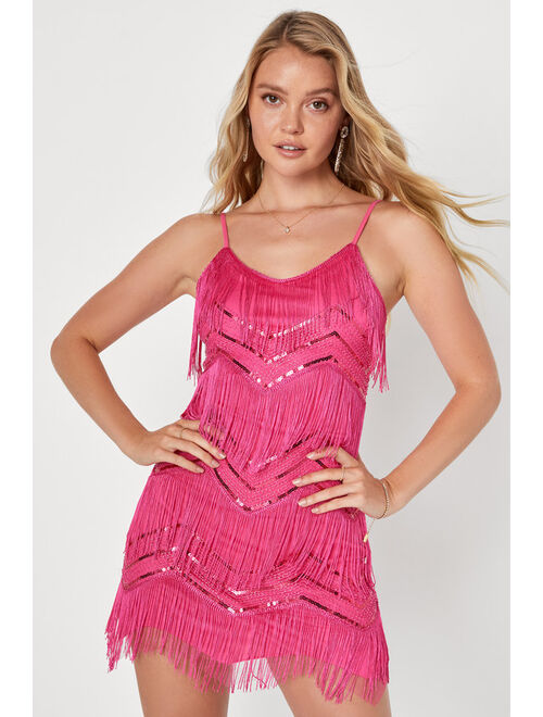 Lulus Shake It Off Hot Pink Sequin Fringe Sleeveless Homecoming Mini Dress
