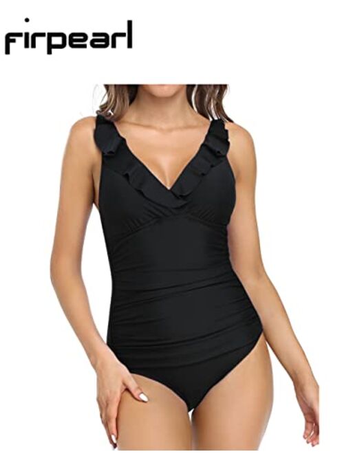 Firpearl Women's Ruffle One Piece Bathing Suits V Neck Vintage Tummy Control Swimsuit Swimwear