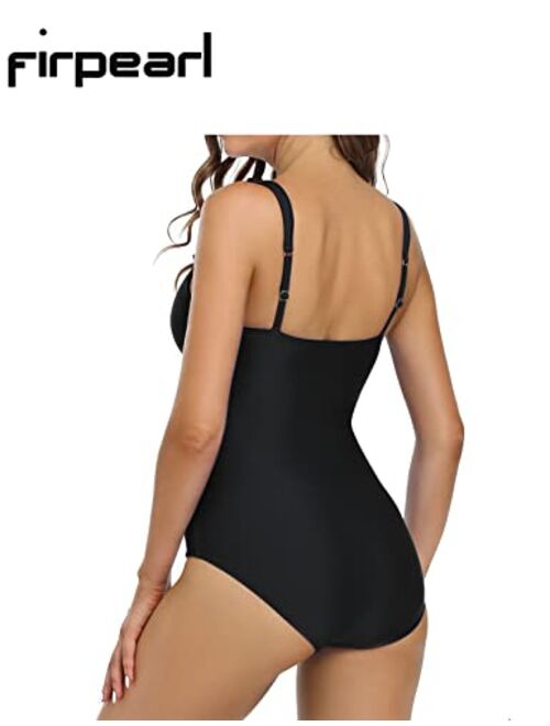 Firpearl Women's Ruffle One Piece Bathing Suits V Neck Vintage Tummy Control Swimsuit Swimwear