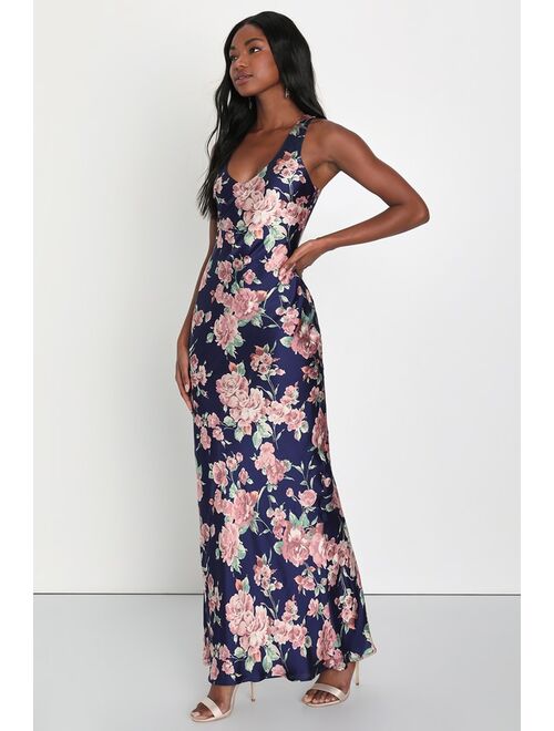 Lulus Stunning Blossom Navy Blue Floral Satin Backless Maxi Dress
