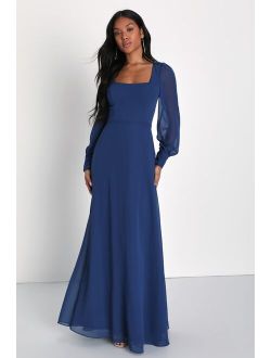 Stunning Behavior Dark Blue Square Neck Long Sleeve Maxi Dress