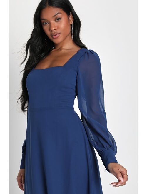 Lulus Stunning Behavior Dark Blue Square Neck Long Sleeve Maxi Dress