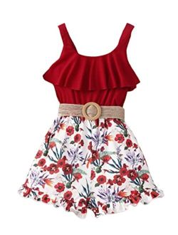Girl's Ruffle Trim Floral Print Tank Romper Sleeveless Belted Summer Short Jumpsuit