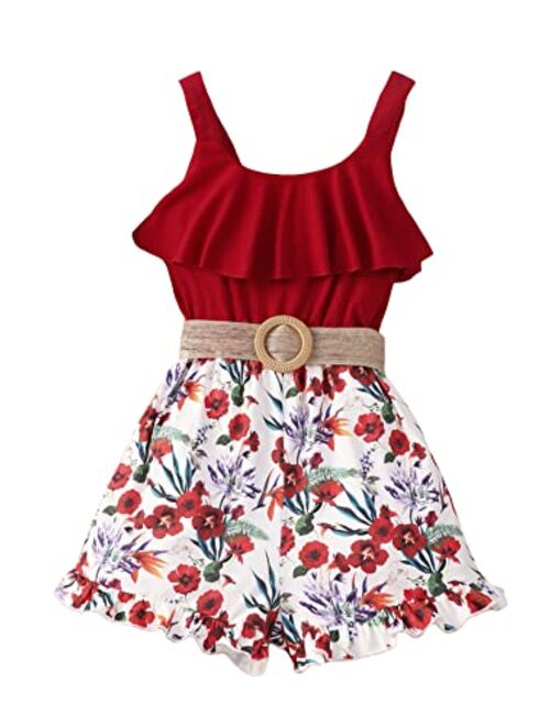 SOLY HUX Girl's Ruffle Trim Floral Print Tank Romper Sleeveless Belted Summer Short Jumpsuit