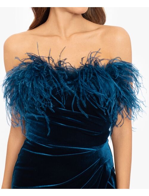 BETSY & ADAM Women's Strapless Feather-Trim Velvet Homecoming Mini Dress