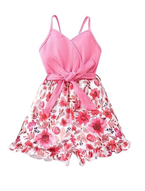 SOLY HUX Girl's Floral Print V Neck Belted Cami Romper Ruffle Trim Wide Leg Shorts Jumpsuit