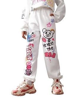 Girl's Cartoon Letter Graphic Sweatpants High Waist Thermal Jogger Pants with Pockets
