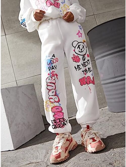 SOLY HUX Girl's Cartoon Letter Graphic Sweatpants High Waist Thermal Jogger Pants with Pockets