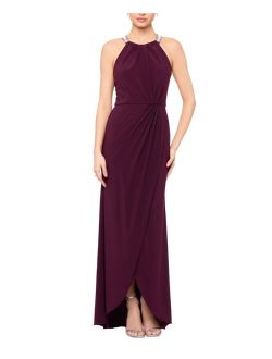 Women's Embellished-Neck Draped Gown