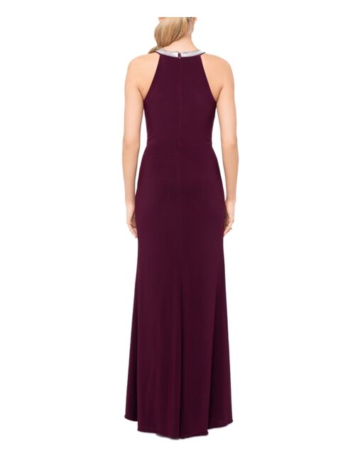 BETSY & ADAM Women's Embellished-Neck Draped Gown