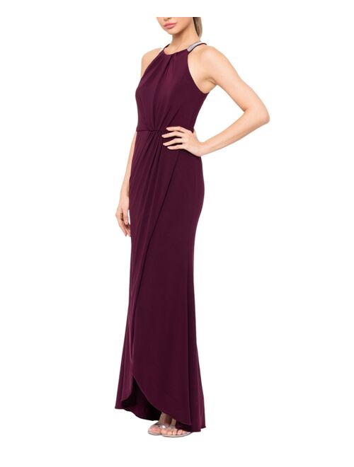 BETSY & ADAM Women's Embellished-Neck Draped Gown