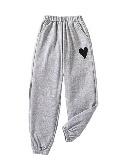 Girl's Heart Print Sweatpants Elastic High Waisted Joggers Pants with Pockets
