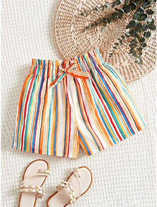 SOLY HUX Girl's Striped Print Tie Knot Front Summer Track Shorts High Elastic Waist Casual Straight Leg Shorts