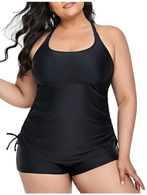 Firpearl Plus Size Strappy Bathing Suits for Women Athletic Two Piece Swimsuit Modest Tankini Top with Shorts