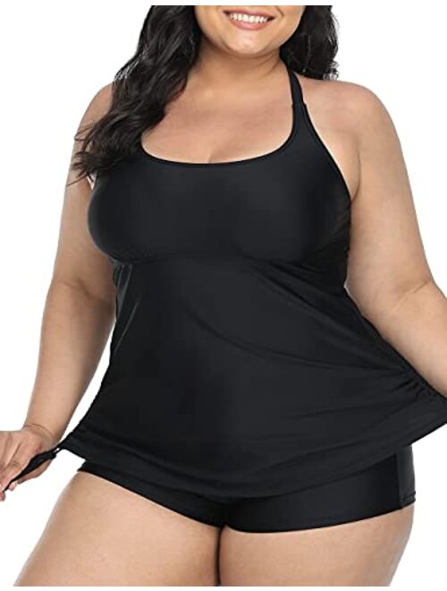 Firpearl Plus Size Strappy Bathing Suits for Women Athletic Two Piece Swimsuit Modest Tankini Top with Shorts