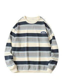 Men's Striped Sweatshirt Letter Patched Long Sleeve Drop Shoulder Pullover Tops