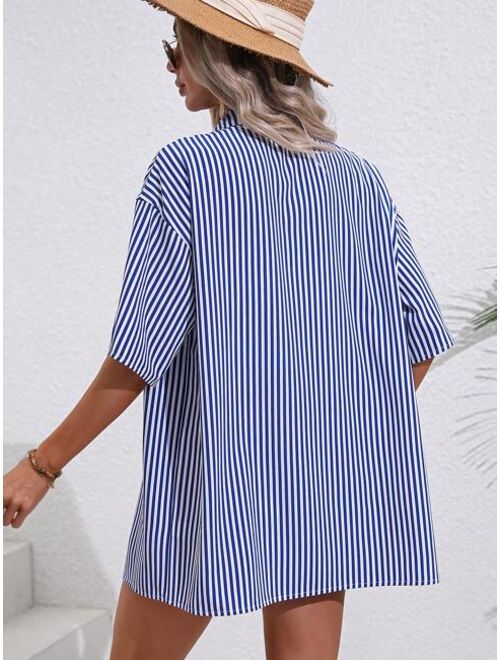 SHEIN LUNE Striped Drop Shoulder Shirt & Knot Front Shorts