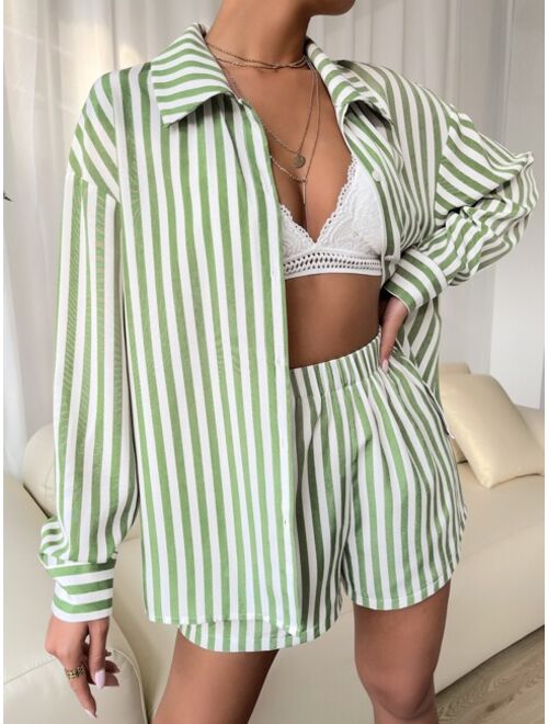 SHEIN Essnce Striped Button Through Blouse & Shorts Set