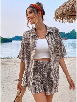 SHEIN Frenchy Allover Print Drop Shoulder Shirt & Tie Front Shorts