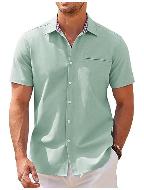COOFANDY Men's Short Sleeve Oxford Dress Shirt Chambray Button Down Work Shirt Casual Plaid Collar Shirts