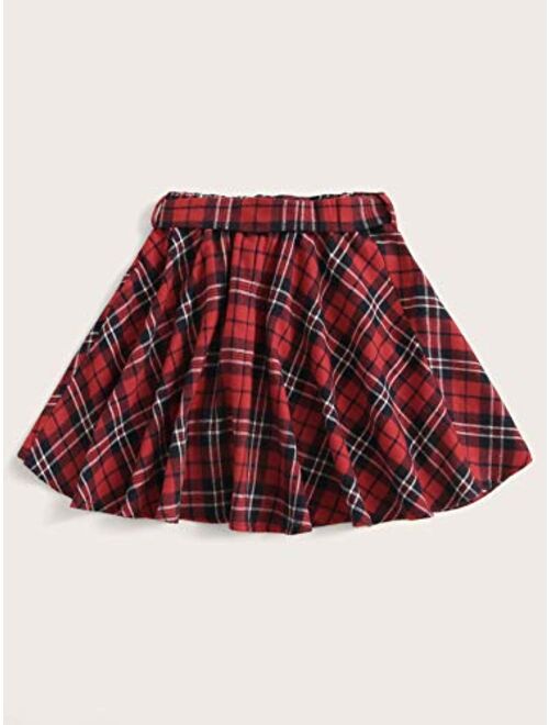 SOLY HUX Girl's Plaid High Waist A Line Flared Belted Mini Skater Skirt