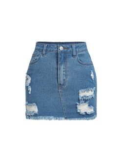 Girl's High Waist Ripped Raw Hem Bodycon Denim Skirt Casual Short Jean Skirts