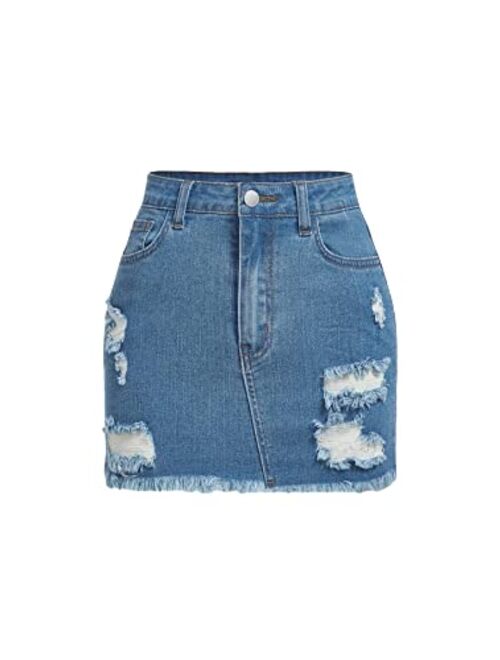 SOLY HUX Girl's High Waist Ripped Raw Hem Bodycon Denim Skirt Casual Short Jean Skirts
