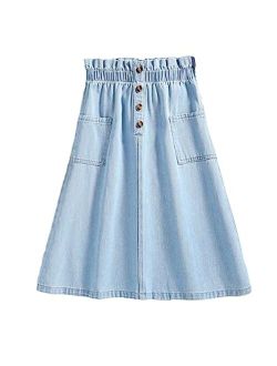 Girl's Button Front Denim A Line Midi Skirt High Elastic Waist Swing Skirts with Pockets