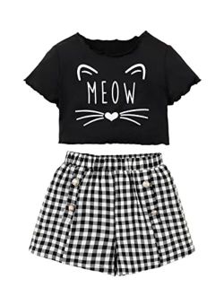 Girl's Cute 2 Piece Outfits Letter Graphic Lettuce Trim Short Sleeve Tee Tops and Plaid Shorts Set