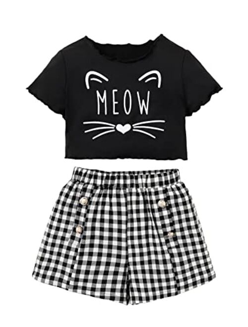 SOLY HUX Girl's Cute 2 Piece Outfits Letter Graphic Lettuce Trim Short Sleeve Tee Tops and Plaid Shorts Set