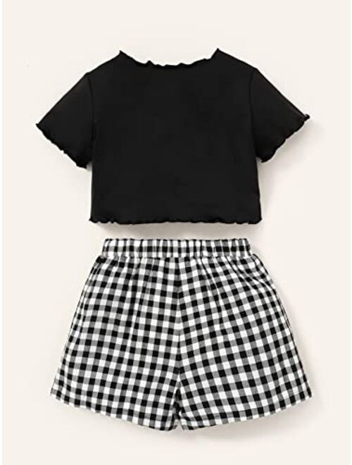 SOLY HUX Girl's Cute 2 Piece Outfits Letter Graphic Lettuce Trim Short Sleeve Tee Tops and Plaid Shorts Set