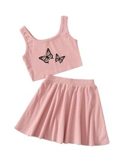 Girl's Butterfly Print Sleeveless Tank Top and Skirt Set 2 Piece Outfits