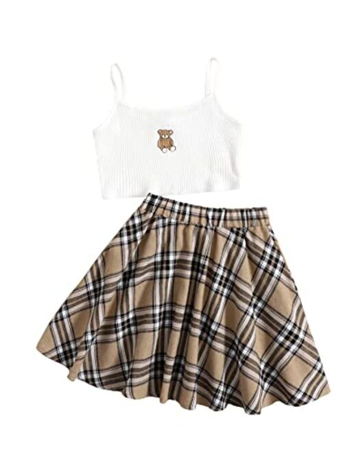 SOLY HUX Girl's 2 Piece Outfits Cartoon Print Cami Crop Top and Plaid Skirt Set