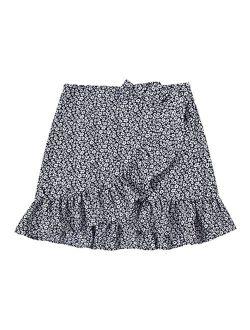 Girl's Boho Print High Waist Ruffle Hem Wrap Side Mini Skirt