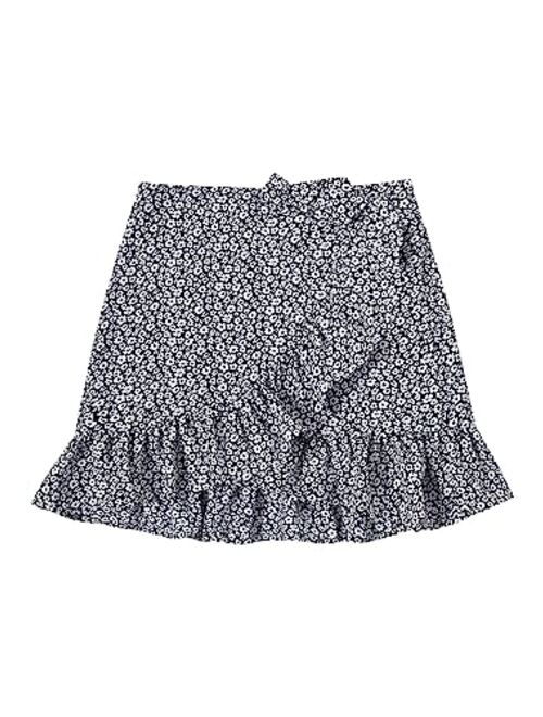 SOLY HUX Girl's Boho Print High Waist Ruffle Hem Wrap Side Mini Skirt