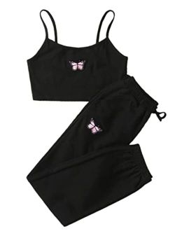 Girl's 2 Piece Outfits Butterfly Cami Crop Tops and Sweatpants Set