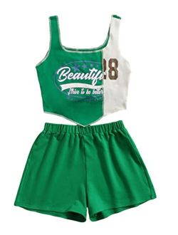 Girl's Color Block Sleeveless Graphic Tank Tops & Track Shorts Two Piece Summer Outfit