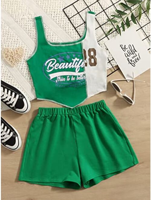 SOLY HUX Girl's Color Block Sleeveless Graphic Tank Tops & Track Shorts Two Piece Summer Outfit