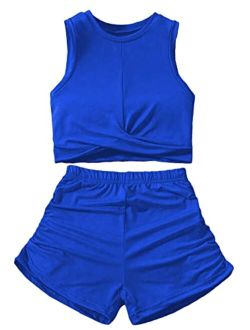 Girl's Twist Hem Sleeveless Tank Top and Ruched Track Shorts 2 Piece Summer Outfit