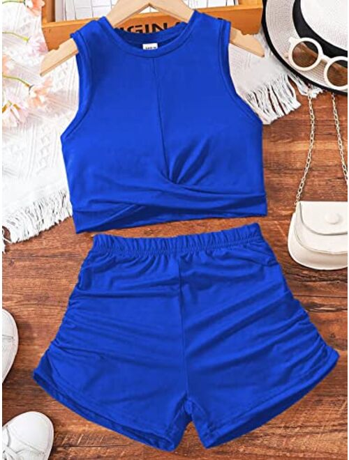 SOLY HUX Girl's Twist Hem Sleeveless Tank Top and Ruched Track Shorts 2 Piece Summer Outfit