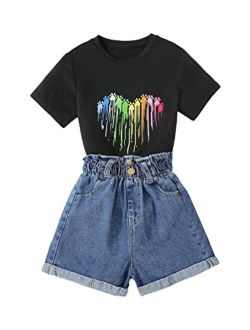 Girl's Heart Print Short Sleeve T Shirt with Denim Shorts 2 Piece Summer Outfit