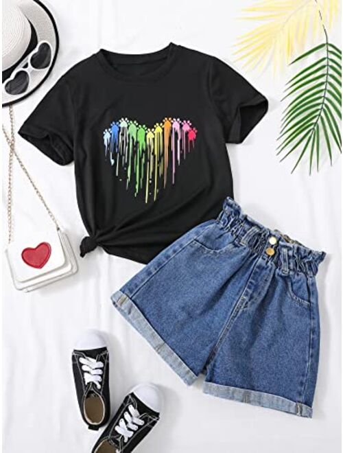 SOLY HUX Girl's Heart Print Short Sleeve T Shirt with Denim Shorts 2 Piece Summer Outfit