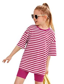 Girl's 2 Piece Summer Outfit Striped Drop Shoulder Short Sleeve T Shirt & Biker Shorts