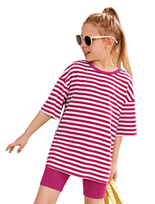 SOLY HUX Girl's 2 Piece Summer Outfit Striped Drop Shoulder Short Sleeve T Shirt & Biker Shorts
