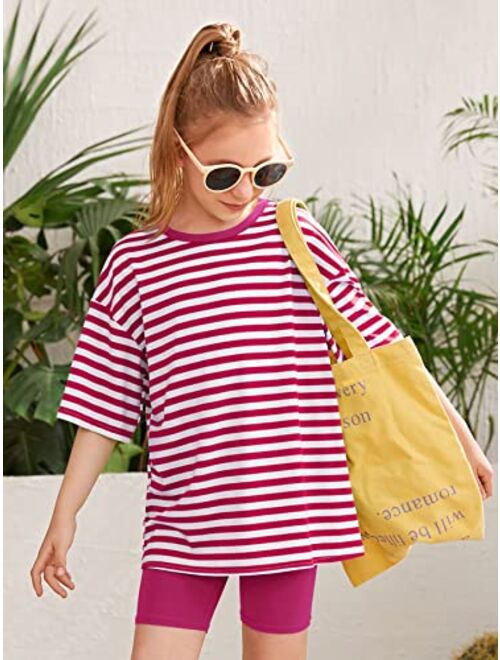 SOLY HUX Girl's 2 Piece Summer Outfit Striped Drop Shoulder Short Sleeve T Shirt & Biker Shorts