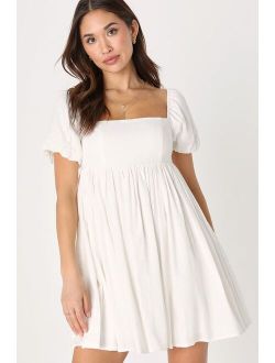 Uniquely Sweet White Puff Sleeve Babydoll Dress