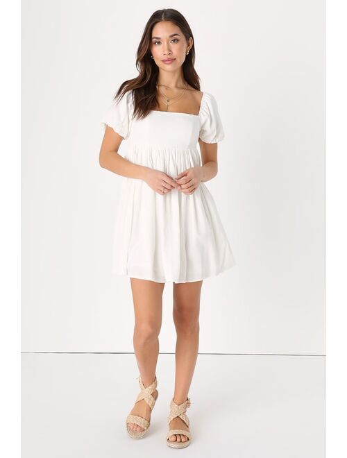 Lulus Uniquely Sweet White Puff Sleeve Babydoll Dress