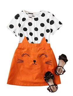 Girl's 2 Piece Outfits Polka Dots Short Sleeve Tee and Cartoon Skirts Set